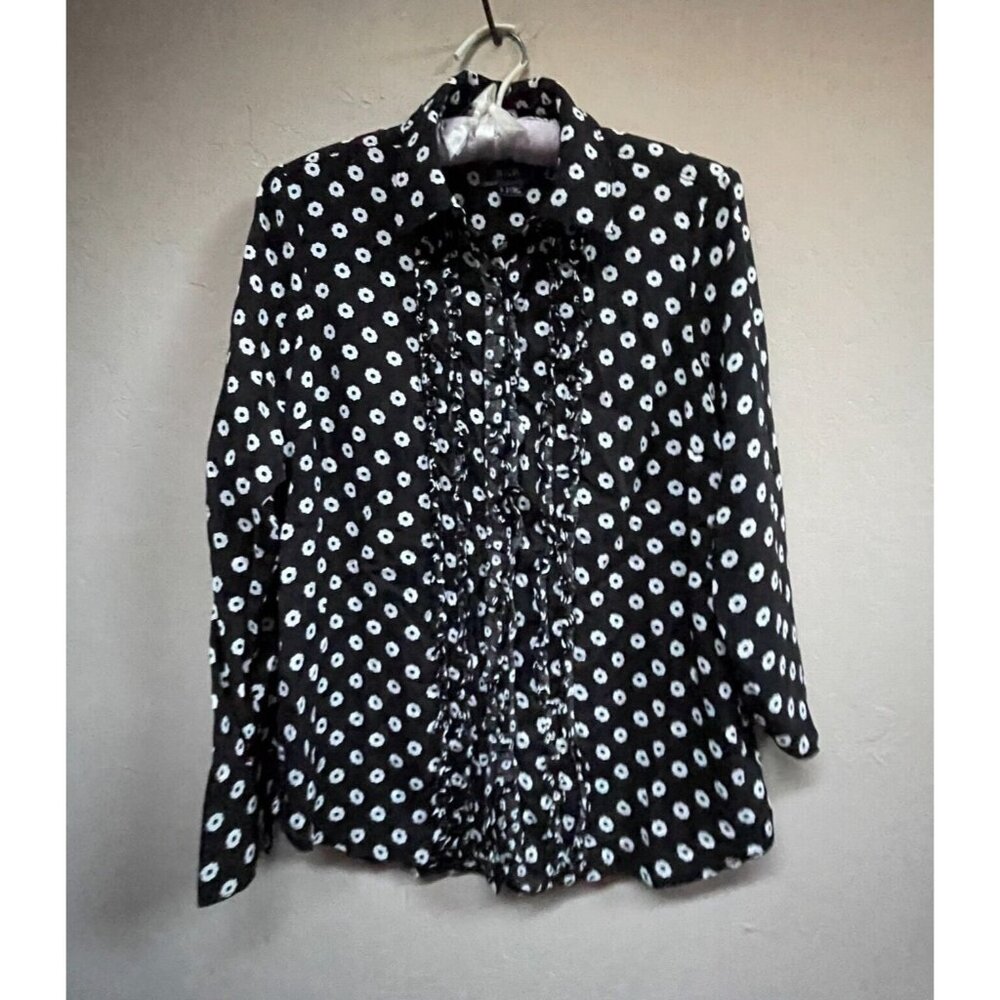 Maeve by Anthropologie Womens Black White Floral Ruffle Front Shirt Top Size 2